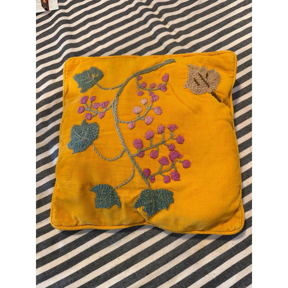Vintage Mustard Yellow Corduroy Embroidered Botanical Berry Throw Pillow 11.5
